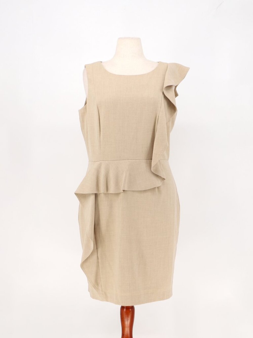 CALVIN KLEIN Ruffle Sheath Sleeveless Dress in Tan Beige Size 14